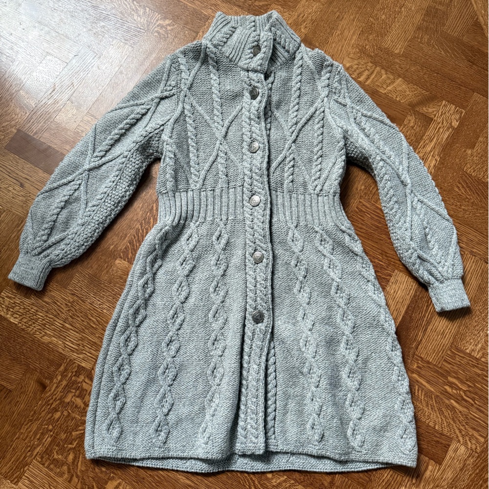 NWT SAOL IRELAND Aran Cable Signature jacket Cardigan Sweater Merino Wool Gray L